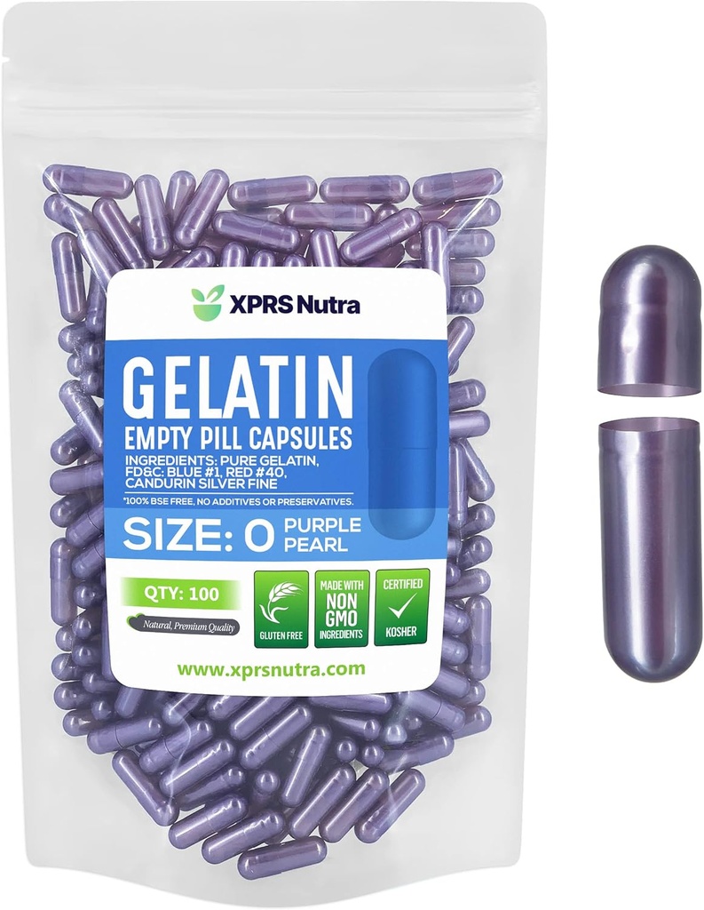 XPRS Nutra Størrelse 0 Tomme kapsler - 100 Tomme Gelatine kapsler - Piller til det selv Kapselfyld - Pure Bovin Pill Gel Caps til Do- It- Yourself Kosttilskud (Pearl Purple)