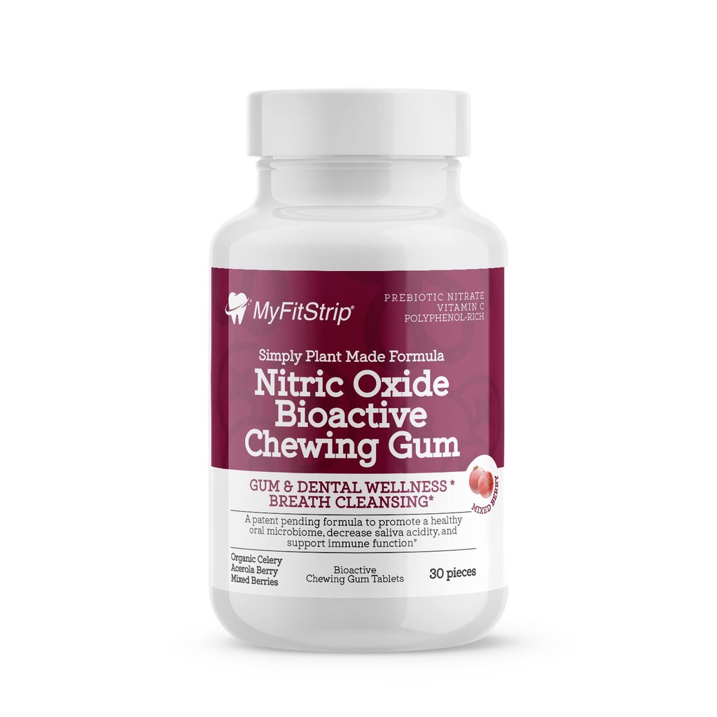 Plantbaseret Prebiotic Nitroxide Chewing Gum af MyFitStrip - Organic Prebiotic Nitrate Leafy Sellery Greene, Acerola Berry, Polyphenolrige mørke bær, og Xylitol Formel - i 30 bioaktive tabletter