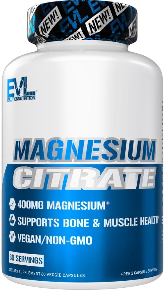 EVL Magnesium Citrate Capsules 400mg - Muskel - og Knogletilskud med Pure Magnesium Citrate for Muskelrelaxation og Knoglestyrke - 60 Veggie Capsules for Health