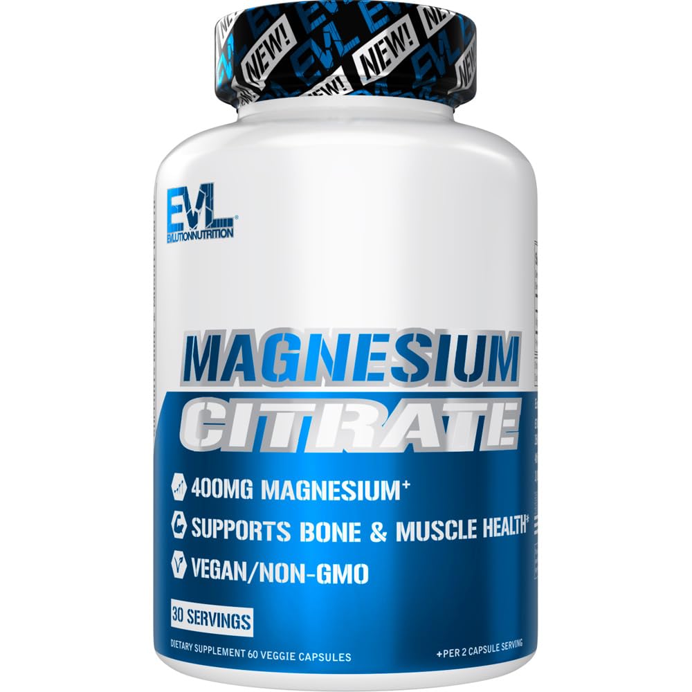 EVL Magnesium Citrate Capsules 400mg - Muskel - og Knogletilskud med Pure Magnesium Citrate for Muskelrelaxation og Knoglestyrke - 60 Veggie Capsules for Health