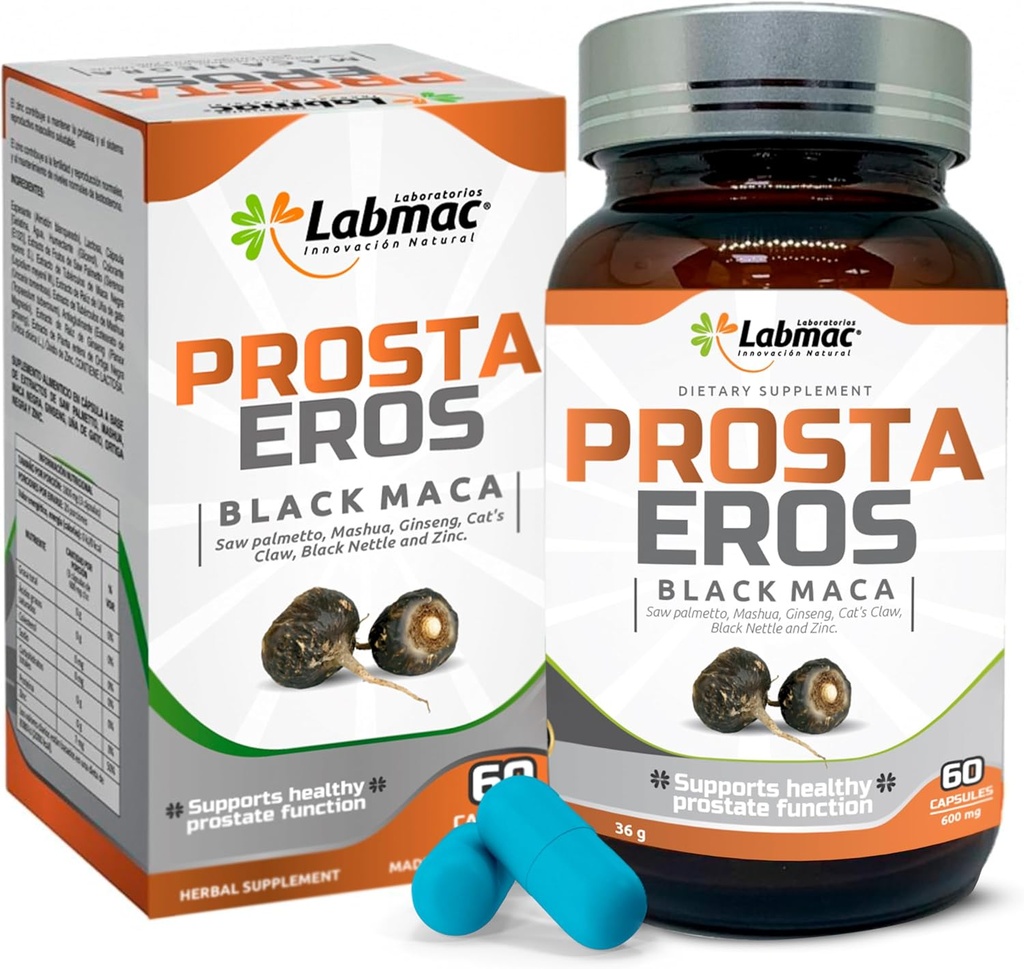 ProstaEro- Prostata Support - 7 naturlige ingredienser - Black Maca, Saw Palmetto, Mashua, Cat 's Claw, Gingseg, Black Nettle og Zink. Kapsler 60 Greve (Pack of 1)