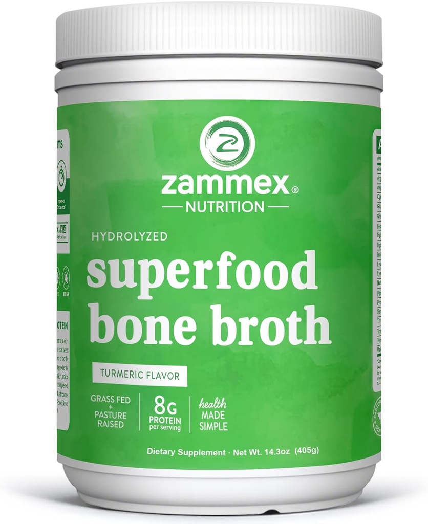 Zammex Bone Broth Plus Superfood Protein Powder (gurkemeje), 8g hydrolyseret protein med D-vitamin, for sund hud, negle, hår, joints & fordøjelse, non-GMO (30 Servere)