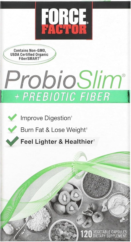 Kraftfaktor ProbioSlim + Prebiotic Fiber vægttab supplement til kvinder og mænd, Probiotic og Prebiotic fordøjelsessygdomme støtte med grøn te ekstrakt og Psyllium Husk Fiber, 120 kapsler