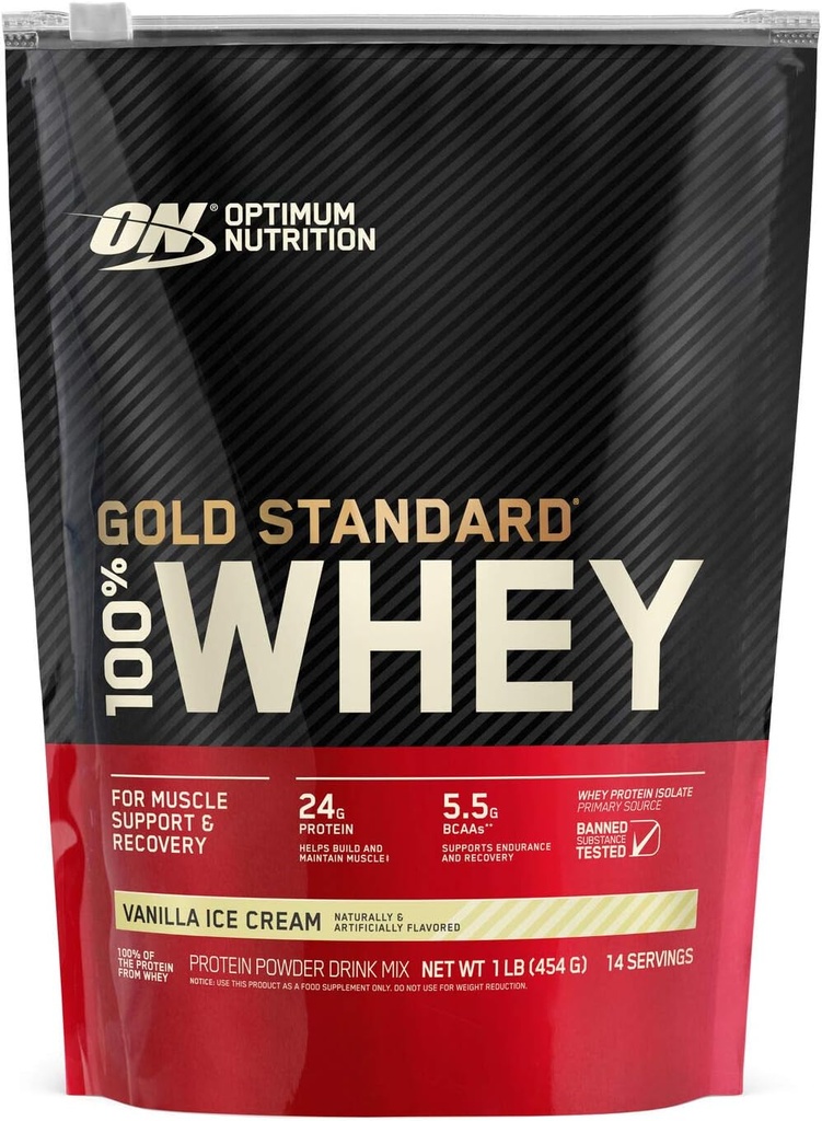 Optimum Nutrition Gold Standard 100% Whey Protein Powder, Vanilla Ice Cream, 1 Pund (Packaging May Vary)