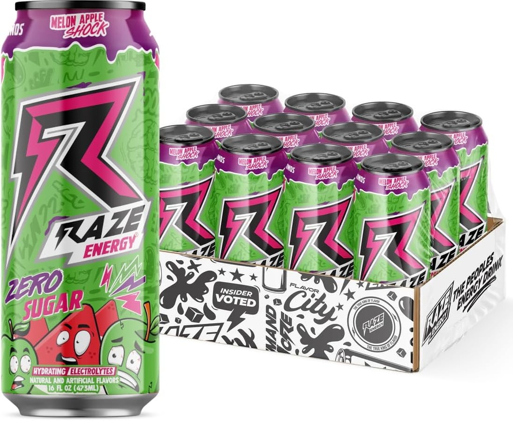 RAZE Zero Sugar Energy Drink, 300mg Koffein, Zero Calories, Performance and Hydration, Prime Choice Sugar Free Drinks for Sustained Energy & Focus (Melon Apple Shock 12 Pack)
