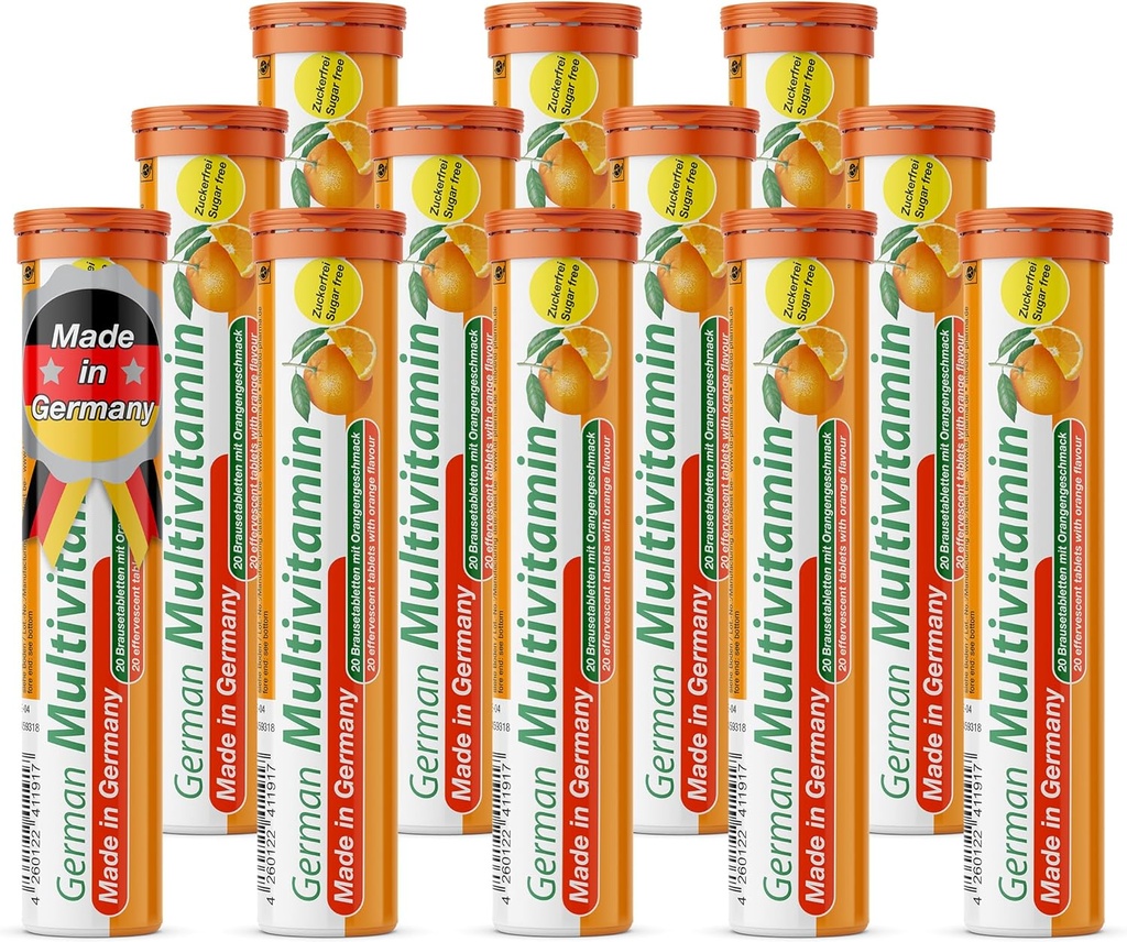 T & D Tysk Multvitamin 10 Vitamin - 240 Vegansk drik Effervescent tabletter - Orange Flavor - Lavet i Tyskland