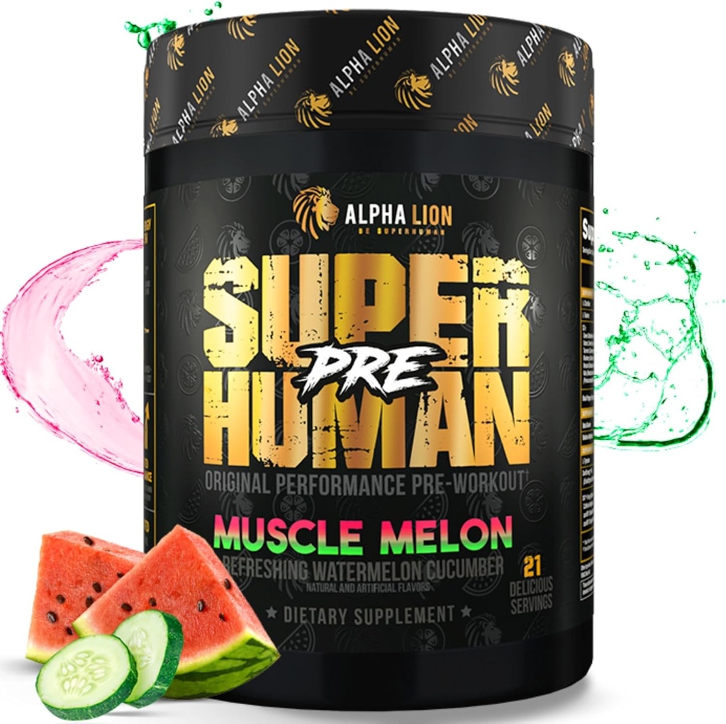 LION Superhuman Pre Workout Powder, Beta Alanine, L- Taurine & Tri- Source Coffein for Sustained Energy & Focus, Nitro- oxide & Citrulline for Pump (21 Servere, Muscle Melon)