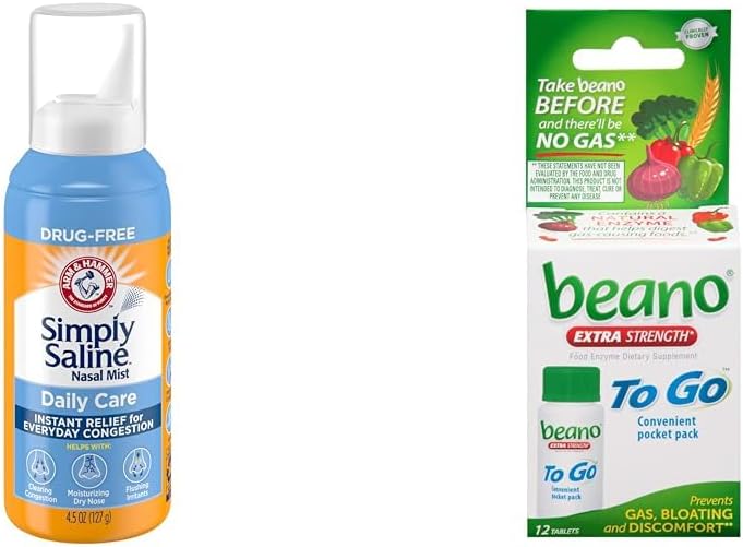 Arm & Hammer Simply Saline Nasal Spray 4.5oz & beano til Go Gas Relief Tablets 12 Greve