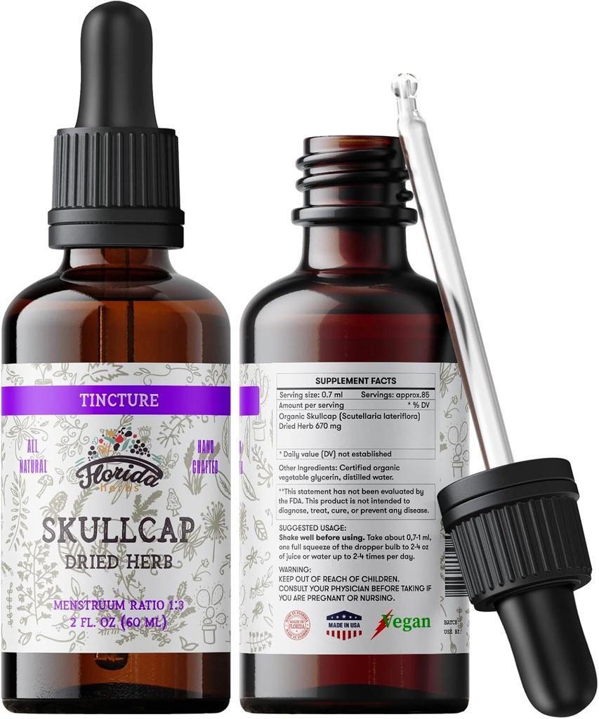 Skullcap Tincture, Organic Skullcap Extract, Skullcap Drops (Scutellaria lateriflora) Tørret urt 2 0z (60 ml)