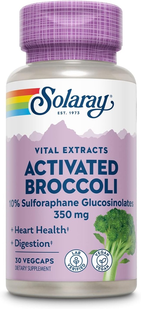 SOLARAY Aktiveret Broccoli Seed Extract 350 mg, 10% Sulforaphane Glucosinolater til Antioxidant Support, Heart Health og fordøjelsesstøtte, Vegan og Lab Verified, 30 Servere, 30 VegCaps