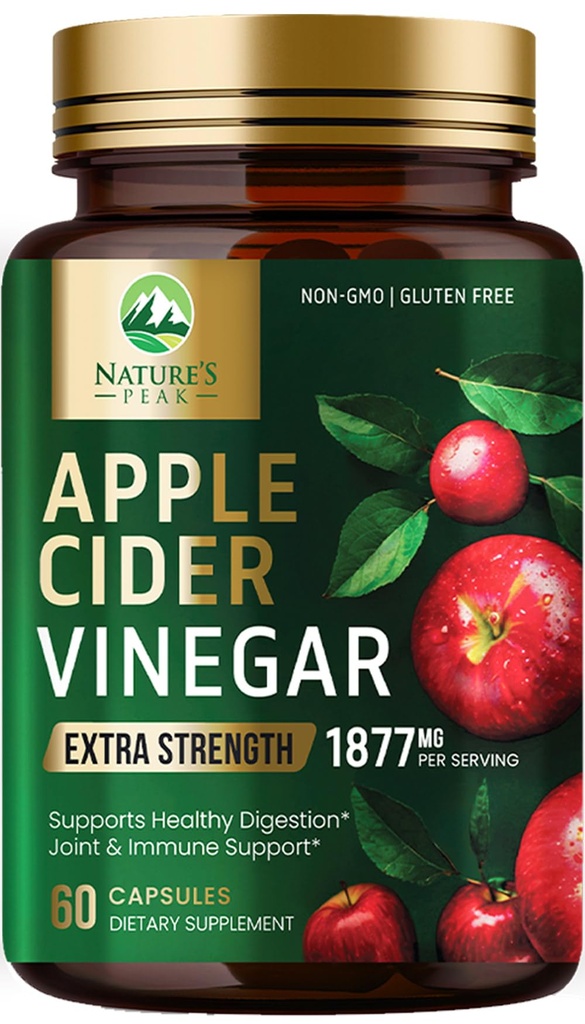Apple Cider Vinciferkapsler ACV Kosttilskud 1877mg, Vitamin D3, Zink & bedste ACV supplement piller støtte Gut sundhed for bedre fordøjelse, immunsystem support, non-GMO & gluten fri, 60 kapsler