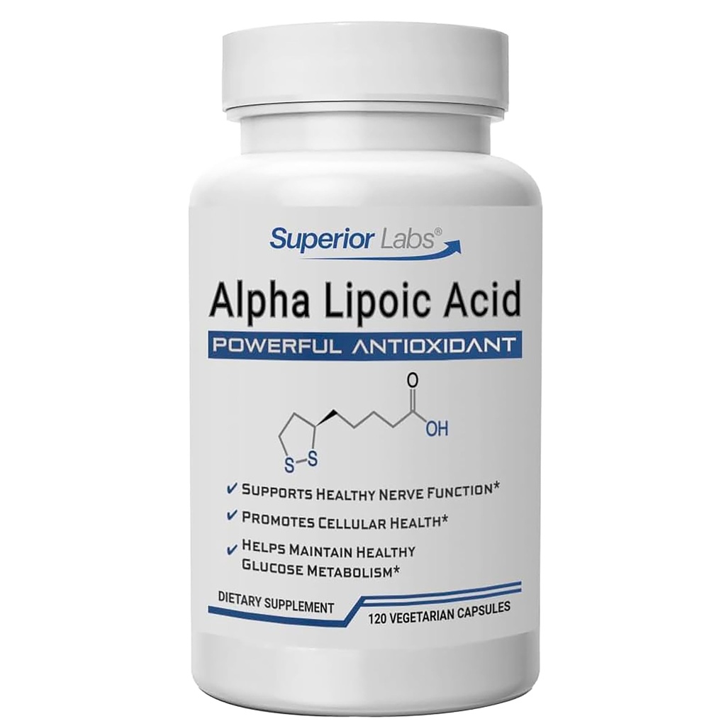 Superior Labs Alpha Lipoic Acid 600 mg kapsler, Pure Non- GMO ALA, høj absorption, nervestøtte, sund cirkulation og nerverespons, sund aldring antioxidant, 120 Veg Caps, 4-måneders forsyning