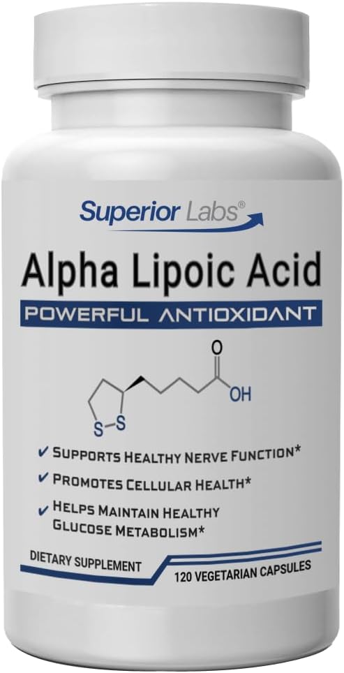 Superior Labs Alpha Lipoic Acid 600 mg kapsler, Pure Non- GMO ALA, høj absorption, nervestøtte, sund cirkulation og nerverespons, sund aldring antioxidant, 120 Veg Caps, 4-måneders forsyning