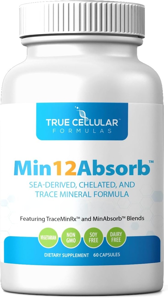 MIN12Absorb ™ Essential & Trace Mineral Complex 124; Soy- Free, Non- GMO, Vegan, 30- Day Supply - Enhanced Absorption for cellular Health and Daily Vitality