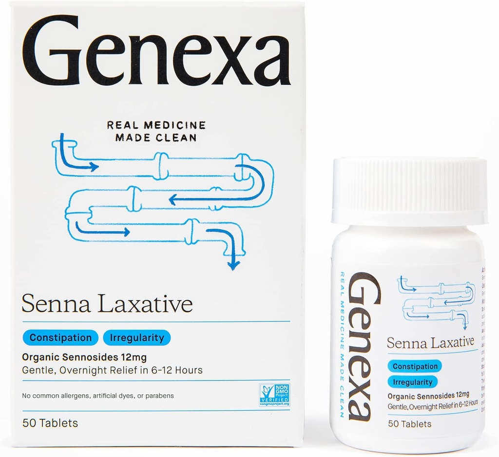 Genexa Senna Laxative Tablets against 124; Irregularity & Constibution Relief; Effective Gentle, Overnight Laxative Measures 124; Gratis Talkum 124; Certified Organic & Non- GMO Measures 124; 50 Tablets