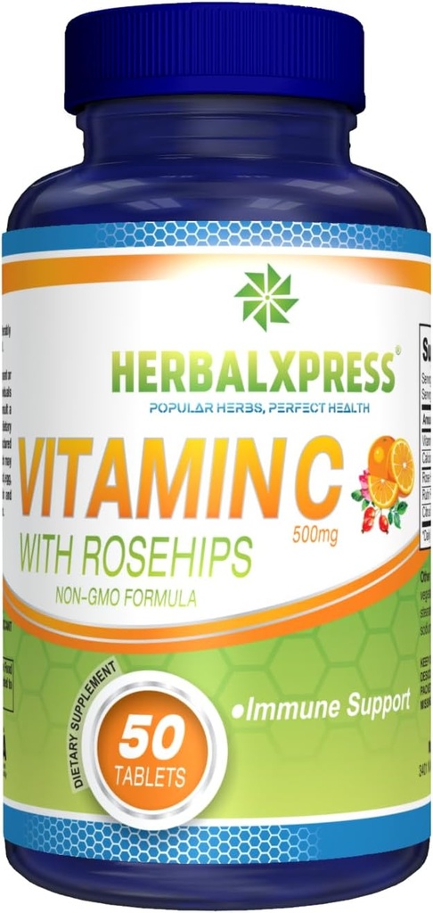 Herbalxpress C 500 mg med Rose HIPS, Ascorbic Acid & Citrus Bioflavonoider 50 tabletter (1 tub) - Den kraftfulde duo: - En supplerende tilgang til at øge dit immunsystem.