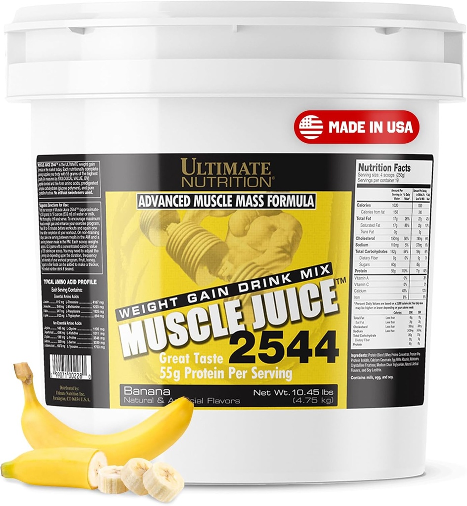 Ultimate Nutrition Muscle Juice, Vægt Gain Drink Mix - Mass Gainer Workout Pulver til mænd og kvinder - Supplement til Lean Muscle Growth & immunforsvar med 55g Protein - Banana, 10.45lb