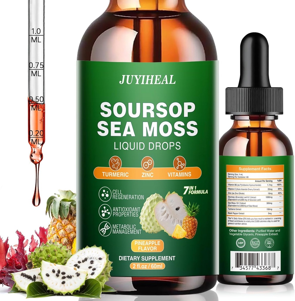 7-in-1 Soursop Bitters Flydende, Soursop Olie med Sea Moss & Gurkemeje & Vitamino til immun- og fordøjelsesstøtte & Cell Support, Sugar- Free Dex124; Non- GMO Dex124; Vegan 2 Fl oz Ananas