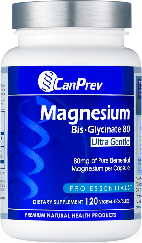 CanPrev Magnesium Biglycinate Chelated 80mg Ultra Gentle 120 V- Caps 120- Day Supply - Support Muskelfunktion, Knoglestyrke & Afslapning, Pure Magnesium Bisglycinate Formel, Promote Comfort & Balance