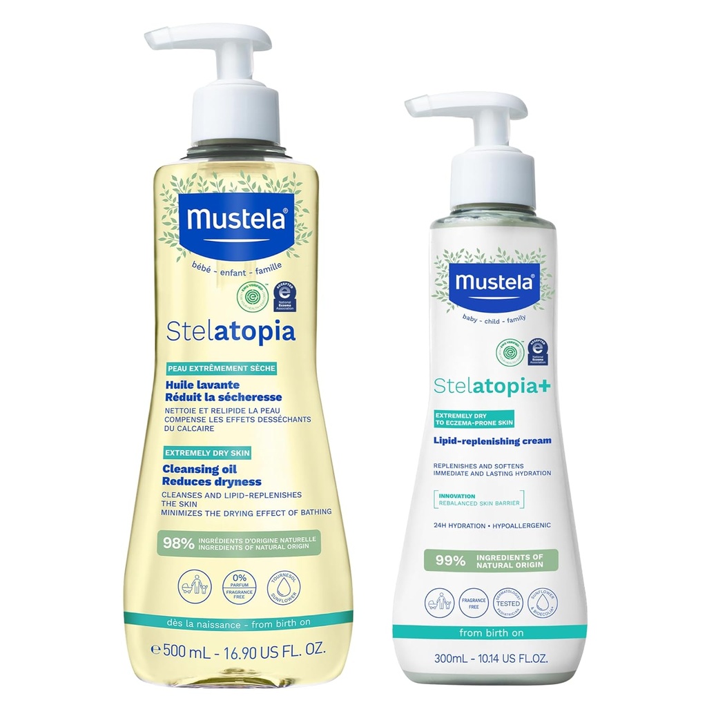 Mustela Stelatopia Eczema- Prone Skin Bath Time Gavesæt - Familie hudpleje Essentials - Natural Avocado & Sunflower Oil - EWG Verified - 2 Genstande Sæt - Stelatopia Cleansing Oil og Stelatopia + Cream