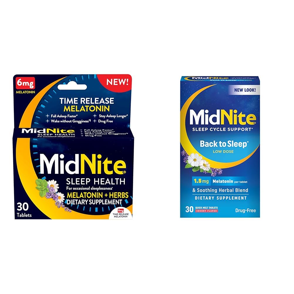 MidNite Time Release 6mg Melatonin 30 tabletter & Tilbage til søvn 1,5 mg Melatonin 30 Cherry Flavored Chewable Tablets Sleep Aid Bundle