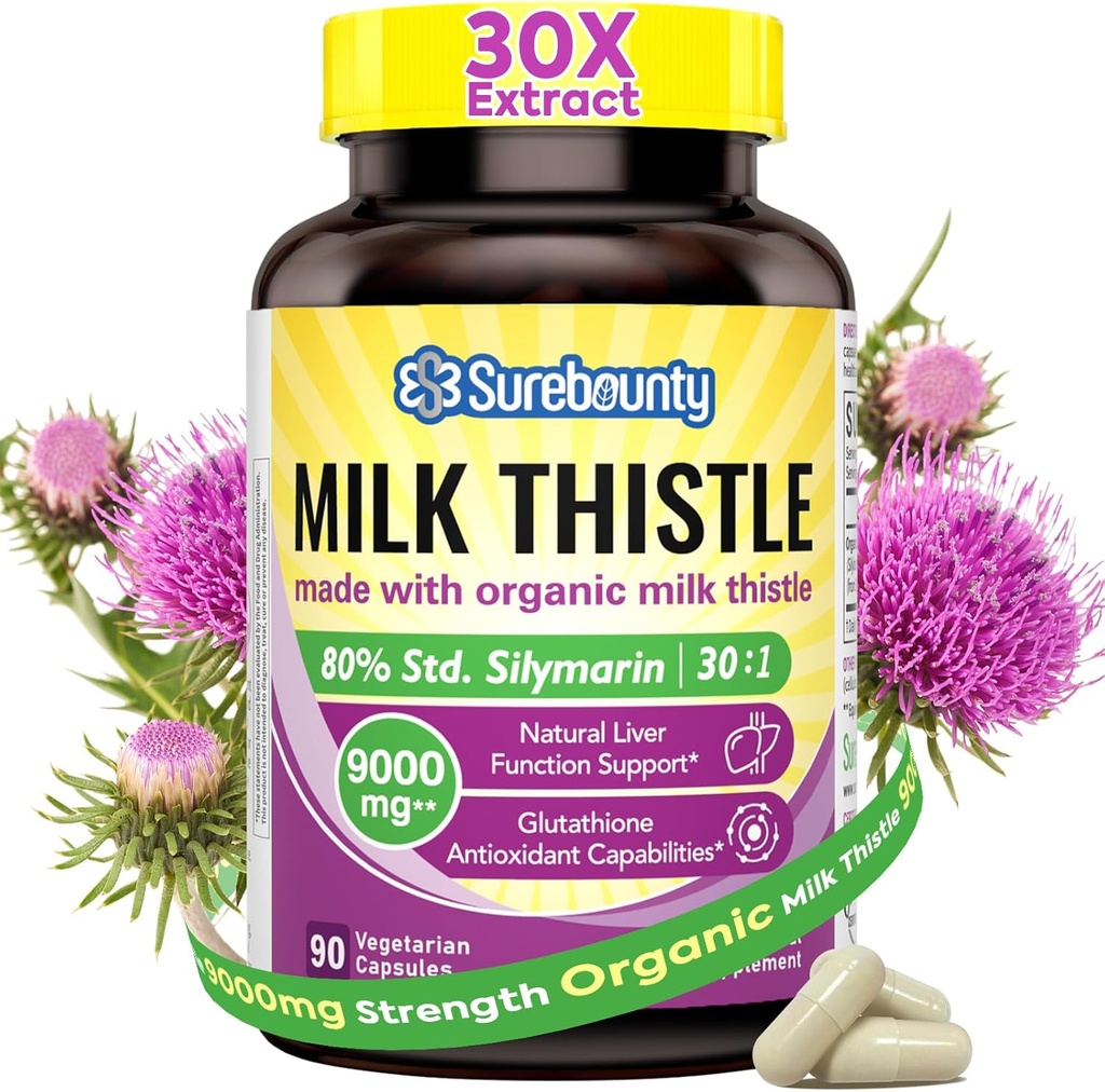 Organic Milk Thistle, 9000 mg Ækvivalent, 30X Koncentreret frø ekstrakt, 80% Silymarin, Lever Support Cleanse Detox, Fed Lever Kosttilskud, Non- GMO, Ingen Gluten & Soy, 90 Veggie Caps, 3 Måned Supply