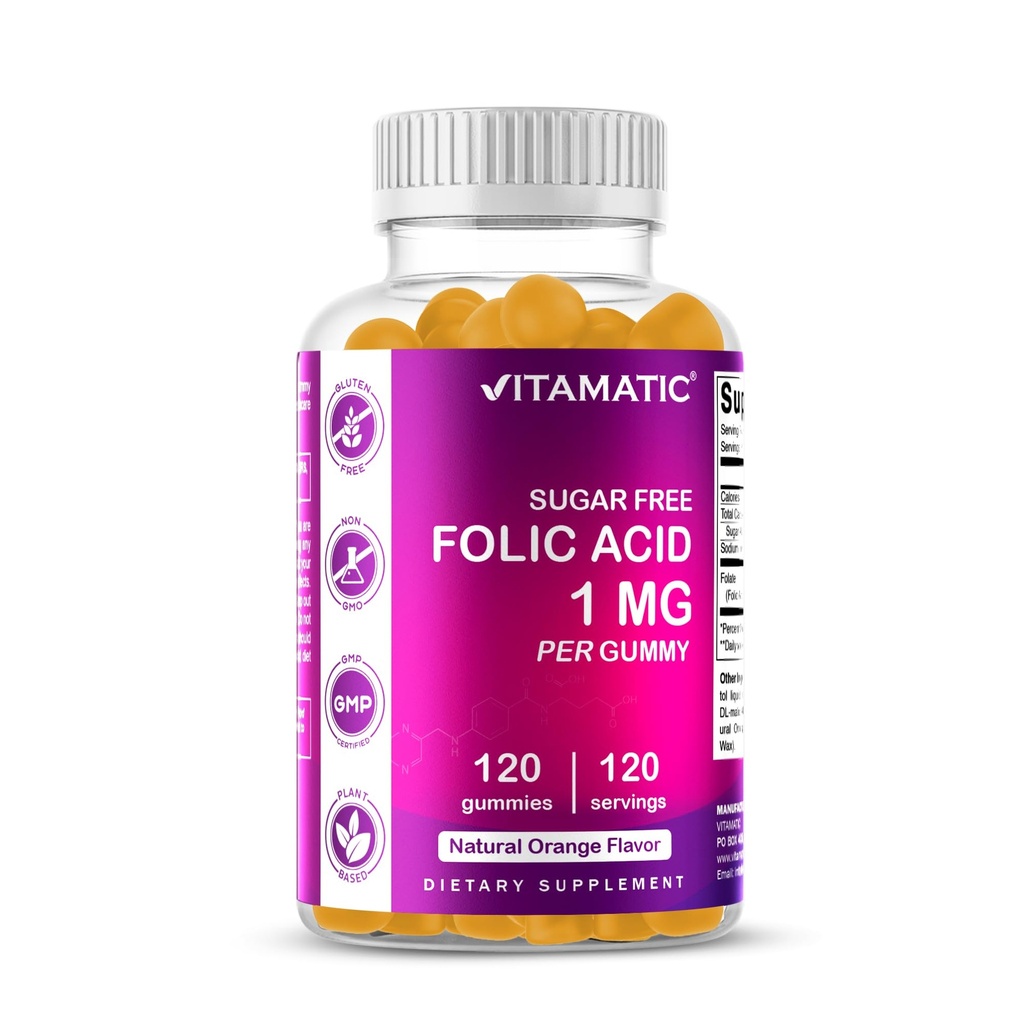 Vitamatisk folinsyre Gummy 1000 mcg (1 mg) - en essentiel prenatal vitaminer til mor og barn - vitamin B9-120 Vegan Gummies (1)