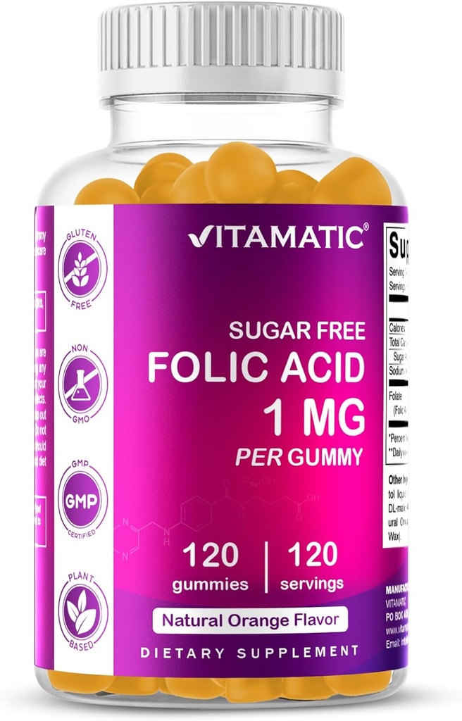 Vitamatisk folinsyre Gummy 1000 mcg (1 mg) - en essentiel prenatal vitaminer til mor og barn - vitamin B9-120 Vegan Gummies (1)