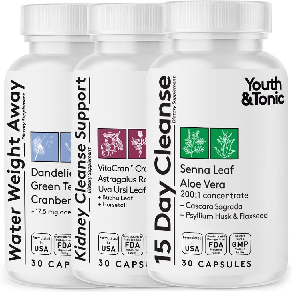 Youth & Tonic Complete Multi-Organ Detox Support – 15 Day Colon Cleanser & Gut Detox, Kidney Cleanse, Water Balance & Liver Health, 90 Pills for Women and Men