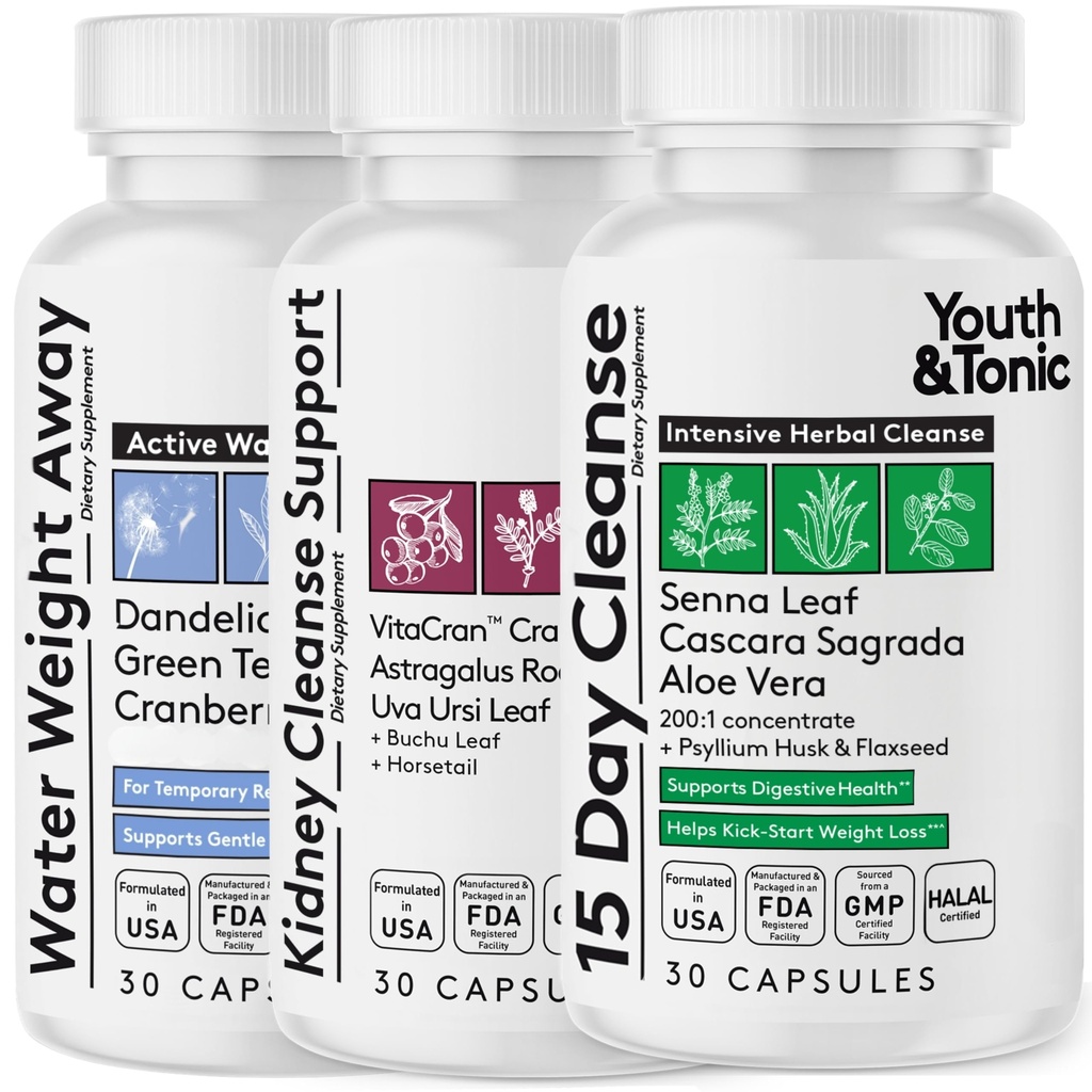 Youth & Tonic Complete Multiorgel Detox Support - 15 dages Colon Cleanser & Gut Detox, Nyre Rengøring, Vandbalance & Leversundhed, 90 Piller til kvinder og mænd