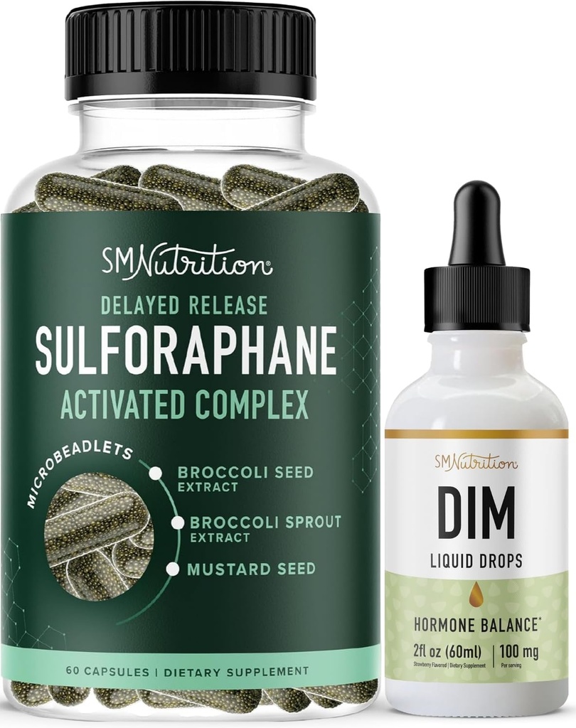 SMNutrition Liquid DIM Supplement & Sulforaphane Complex · 124; Østrogen Hormone Balancing Bundle med aktiveret microletten Sulforaphane Supplement (30 Servere) og 100mg DIM Liquid Drops (25 Servere)