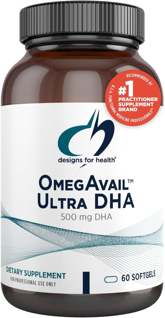 Design for sundhed OmegAvail Ultra DHA - Højt koncentreret DHA triglycerid Fish Oil, TG Fish Oil med 500mg DHA + 100mg EPA - Ingen Fishy Aftertaste (60 Softgels)