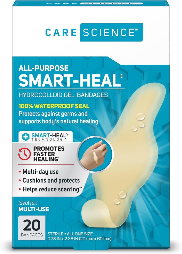 Care Science Smart Heal All- Formål Hydrocolloid Gel Bandages, 20 ct; 100% vandtæt Seal, Reducerer ardannelse, for Sårpleje eller Blistere