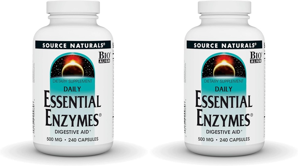 Source Naturals Essential Enzymes 500mg Bio- Aligned Multiple Enzyme Supplement Herbal Defense for fordøjelse, gas, Obstipation & Bloating Relief - Understøtter immunsystemet - 240 kapsler (pakke med 2)