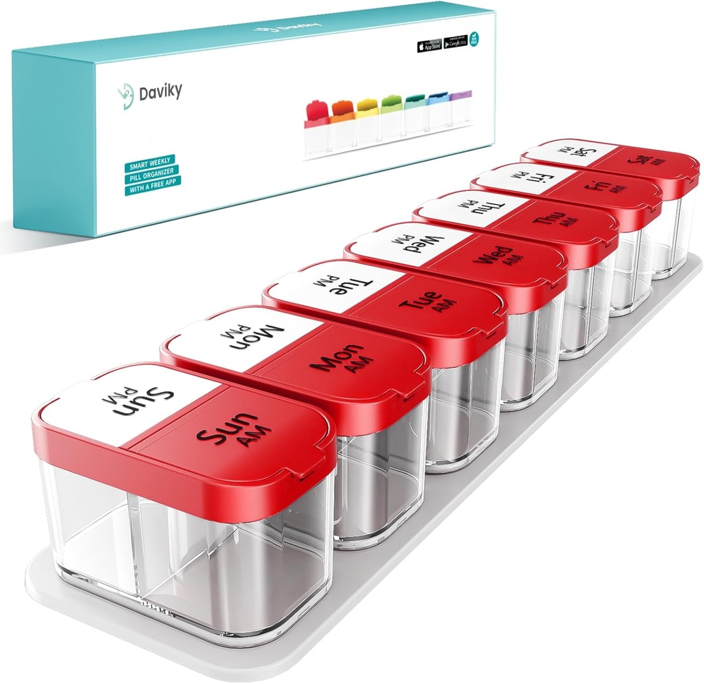 Daviky Extra Large Pill Organizer 2 gange om dagen, Am Pm Pill Organizer 7 dag, Pill Box 7 dag til at holde daglig medicin Vitamin og kosttilskud til ældre, arthrtiske patienter og børn (rød)