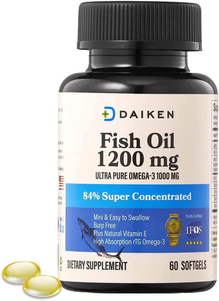 DAIKEN Mini Fish Oil 1200 mg, rTG Omega 3 1000mg, 60 Softgel, High Absorption & Burpless Fish Oil for Sund Hjerte, Hjerne og tørre øjne Support