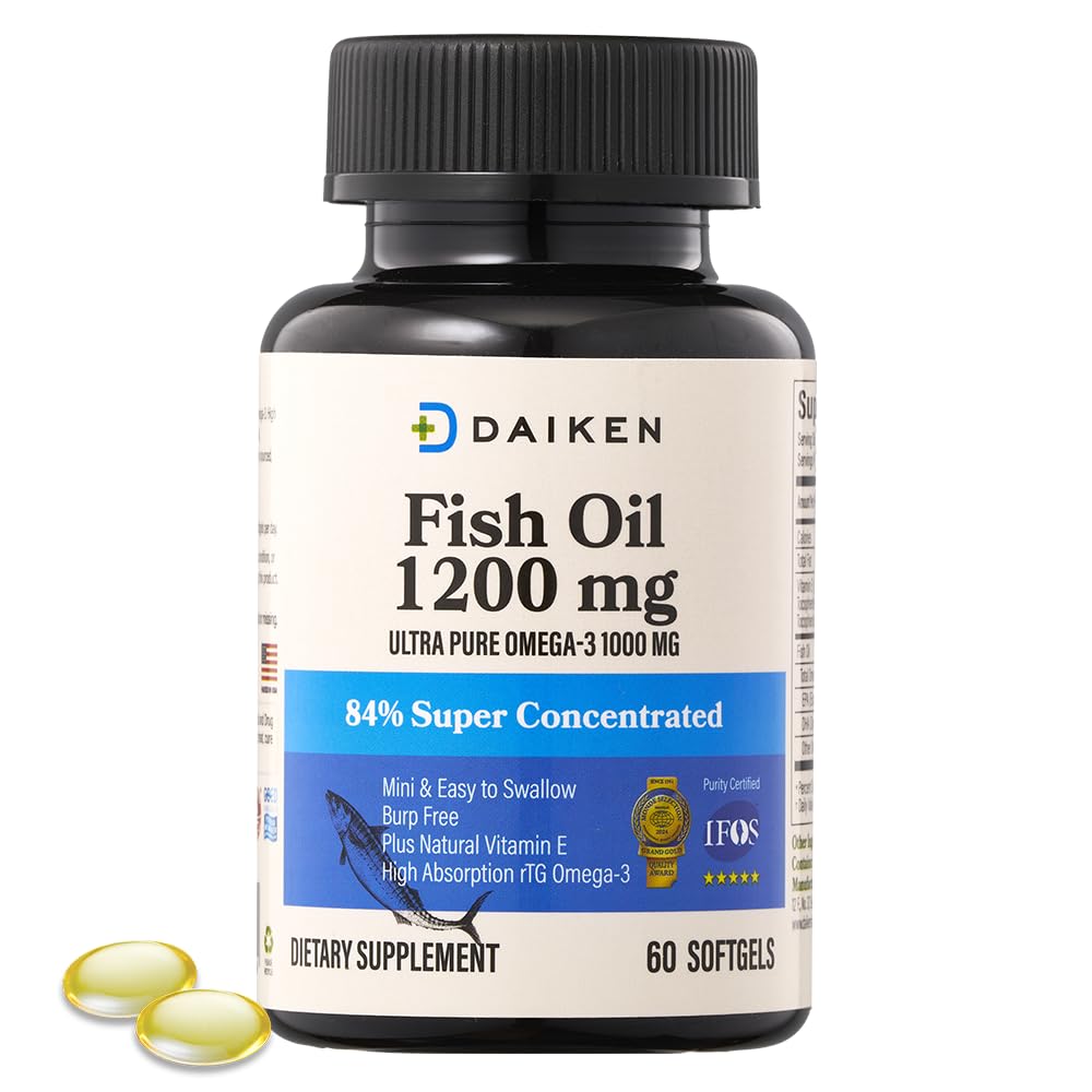 DAIKEN Mini Fish Oil 1200 mg, rTG Omega 3 1000mg, 60 Softgel, High Absorption & Burpless Fish Oil for Sund Hjerte, Hjerne og tørre øjne Support