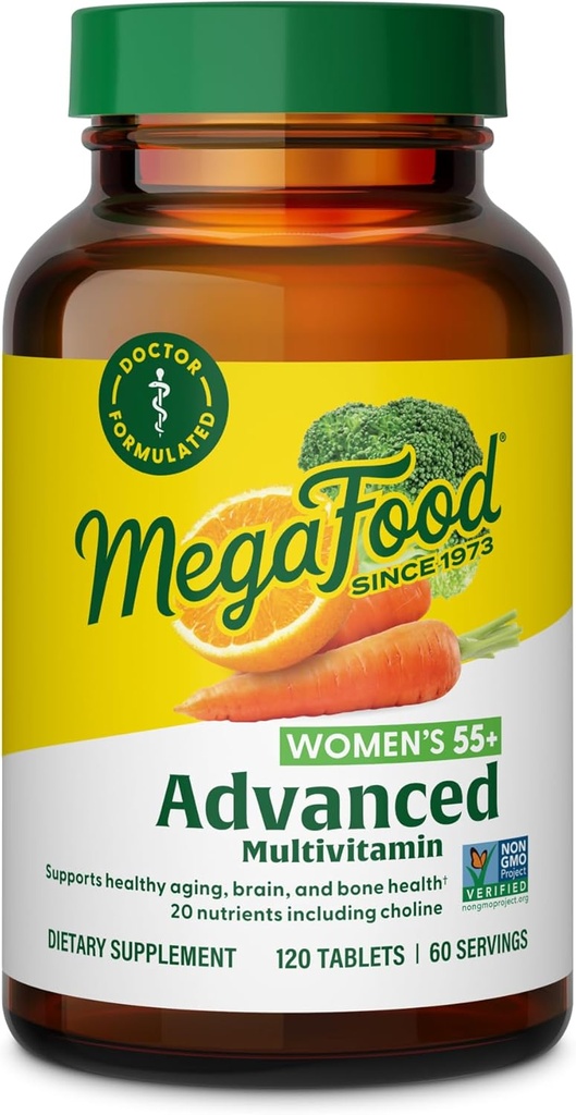 MegaFood Women 's 55 + Advanced Multivitamin for Women - Doctor- Formuleret med Cholin, Vitamin D3, Vitamin B12, Biotin - Plus Real Food - Optimal Aging, Vegetar - 120 Tabs (60 Servering)