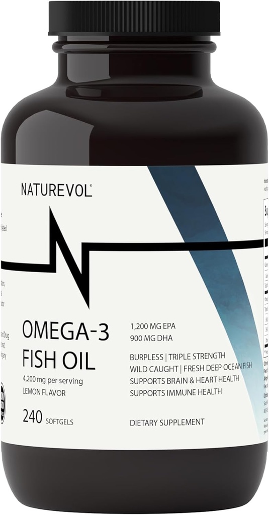 Triple Strength Omega 3 Fish Oil 4200mg - Burplesess Mead124; Over 2200mg Omega 3 Fedtsyrer Mead124; 1200mg EPA + 900mg DHA Mead124; Bedste Væsentlige Fedtsyrer Mead124; Wild Fanget / Deep Sea Fish, Lemon Flavored - 240 Softgels