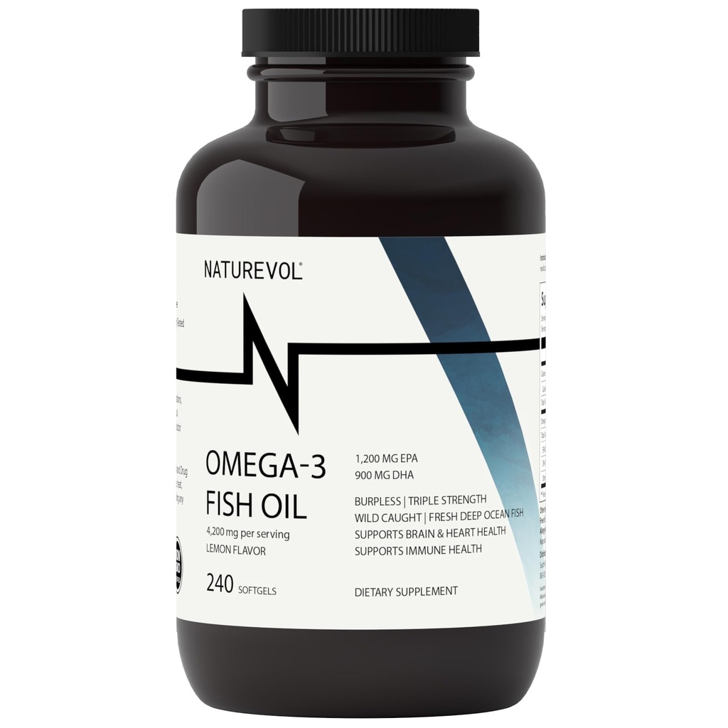 Triple Strength Omega 3 Fish Oil 4200mg - Burplesess Mead124; Over 2200mg Omega 3 Fedtsyrer Mead124; 1200mg EPA + 900mg DHA Mead124; Bedste Væsentlige Fedtsyrer Mead124; Wild Fanget / Deep Sea Fish, Lemon Flavored - 240 Softgels
