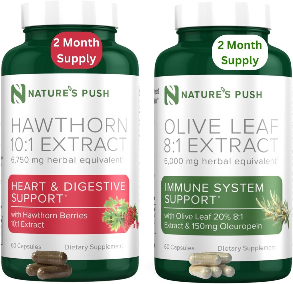 Naturens Push Hawthorn Berry og Olive Leaf Bundle Super Potent 10: 1 Hawthorn Berry Extract (2 Måned Supply) og Olive Leaf Super Potent 8: 1 Extract 20% Oleuropein 750mg Capsule (2 Måned Supply)