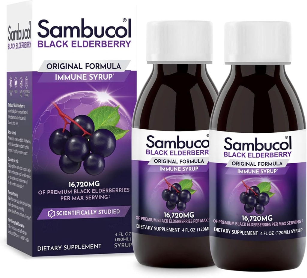 Sambucol Black Elderberry Syrup - Sambucus Elderberry Syrup, Black Elderberry Liquid, Immunstøtte til børn og voksne, Høje Antioxidanter, Gluten Free - Original Formel, 4 Fl Oz, 2 -Pack