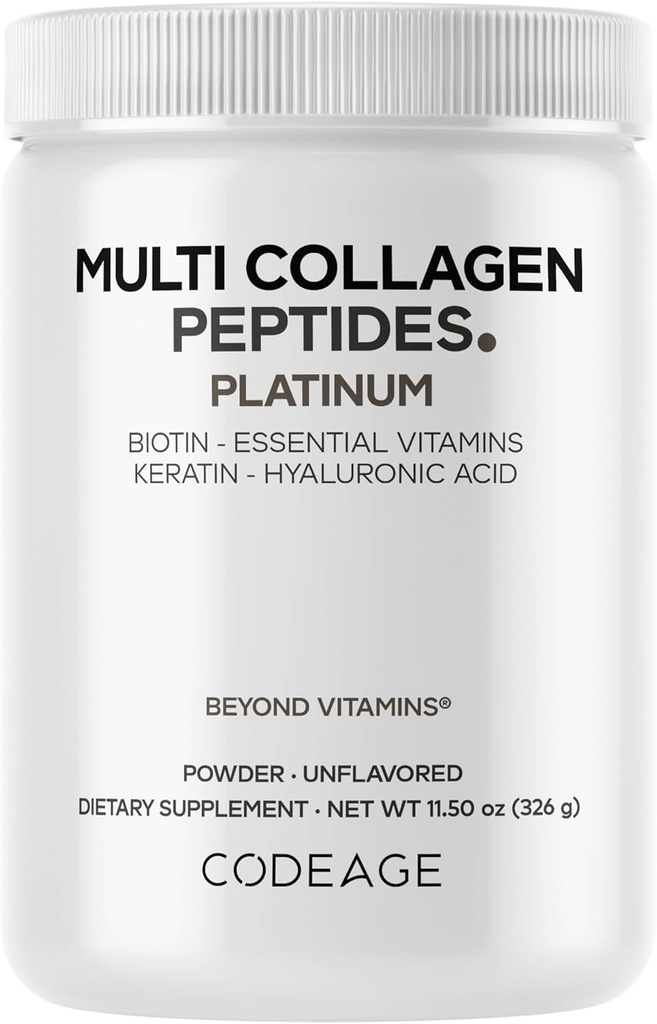 Codeage Multi Collagen til kvinder & mænd Biotin 10000mcg Keratin, Protein Powder Vitamin C B6 D3, Hyaluronsyre, Niacin - Hydrolyzed Collagen Coffee Creamer 5 Typer - Unflavored - Non-GMO - 11.5oz