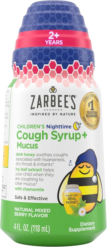 Zarbee 's Children' s Nighttime Honey Hough Syrup + Mucus for Kids 2 + + Dark Honey, Ivy Leaf, & Calming Kamille, # 1 Pediatrician Recommended, Drug & Alcohol- Free, Mixed Berry, 4 fl. oz
