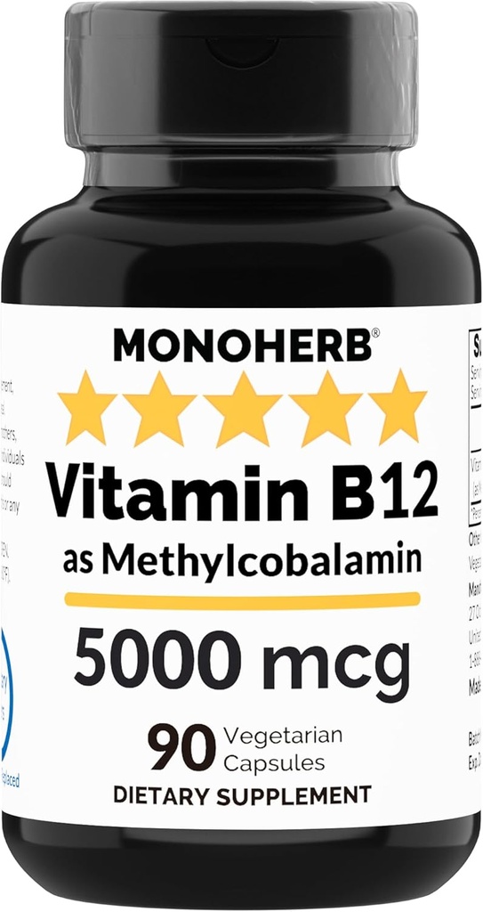 MONOHERB Vitamin B12 Methylcobalamin 5000 mcg - 90 Vegetariske kapsler - B12 Methyl