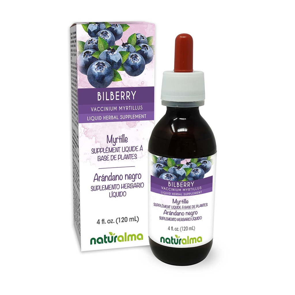 Naturalma Bilberry eller europæisk blåbær (Vaccinium myrtillus) Frugt Alkohol- Free Tincture - 4 fl oz Liquid Extract in Drops - Herbal Supplement - Vegan