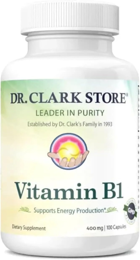Dr. Clark Vitamin B1 Thiamin 400mg Supplement - Thiamin B1 Supplement for sundt nervesystem & energi Metabolisme, Gluten- fri, Dairy Free - 100 Gelatine kapsler