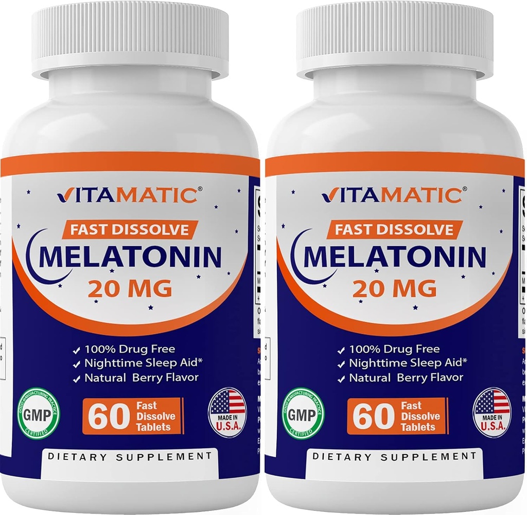 Vitamatic 2- Pack High Potency Melatonin 20 mg - 60 Fast Opløs Tablets Total Fast- Active Sleep Support - Natural Berry Flavor Meter 124; Vegetar