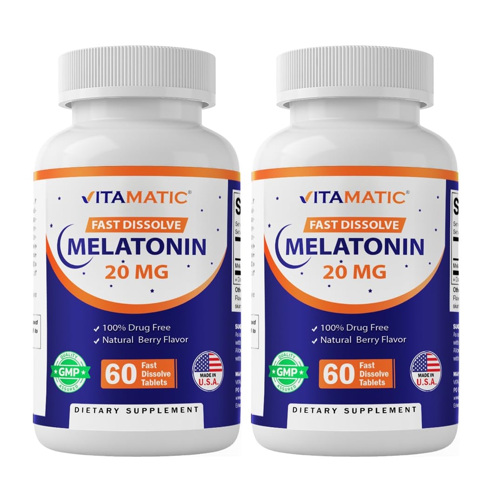 Vitamatic 2- Pack High Potency Melatonin 20 mg - 60 Fast Opløs Tablets Total Fast- Active Sleep Support - Natural Berry Flavor Meter 124; Vegetar