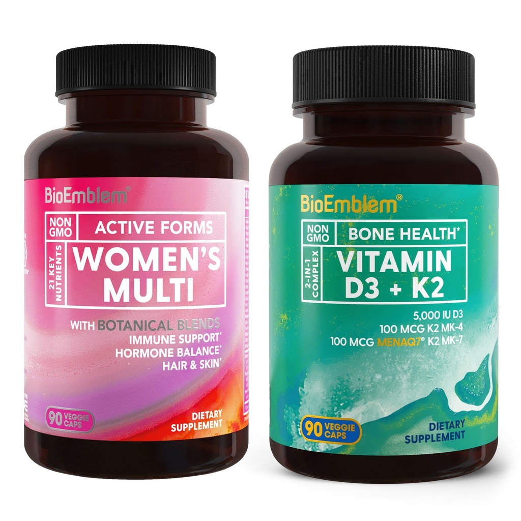 Bioemblem- vitamin D3 K2 (5000IE og 200mcg) og kvinders multivitamin